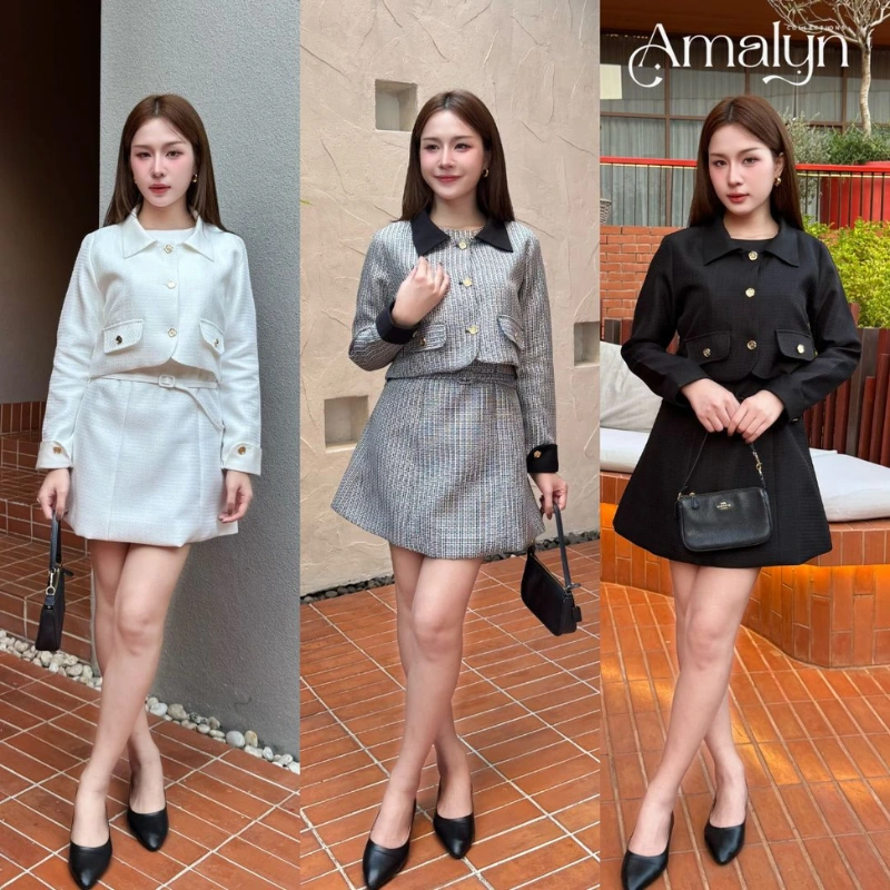 ชุดเซ็ท 2 ชิ้น เบลเซอร์ผ้าทวีต Tweed Blazer กับ มินิเดรสผ้าทวีต Tweed Mini Dress | Amalyn Collections